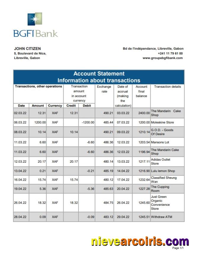 Gabon BGFI bank statement